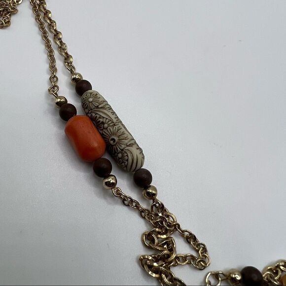 Sarah Coventry Gold Extra Long Chain Link Necklace With Clay & Wood Bead Accents - Picture 2 of 5
